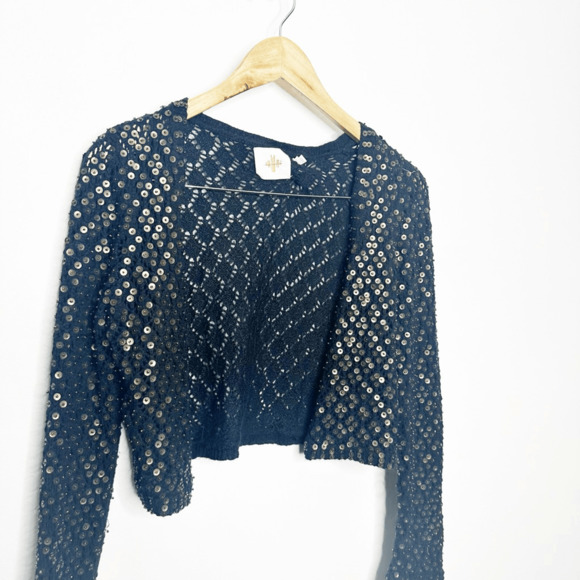 y2k ANTHROPOLOGIE Monogram sequined Cardigan Womens M cropped metallic open - Picture 3 of 8